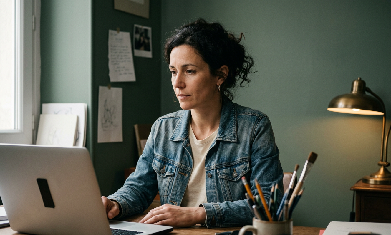 Une dirigeante de petite entreprise travaille sur son ordinateur dans un bureau aux murs vert sauge. Image générée.