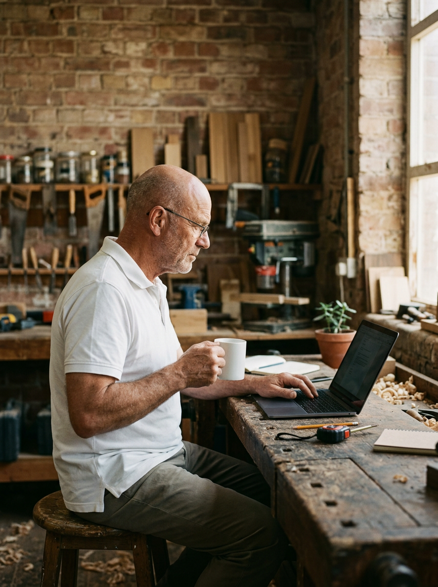 Un menuisier assis à son établi consulte son ordinateur, une tasse à la main. Image générée.