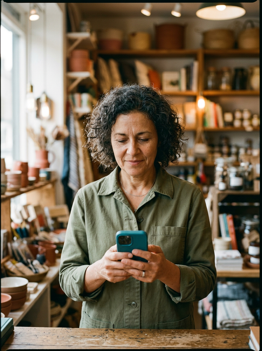 Une commerçante regarde son téléphone dans sa boutique. Image générée.